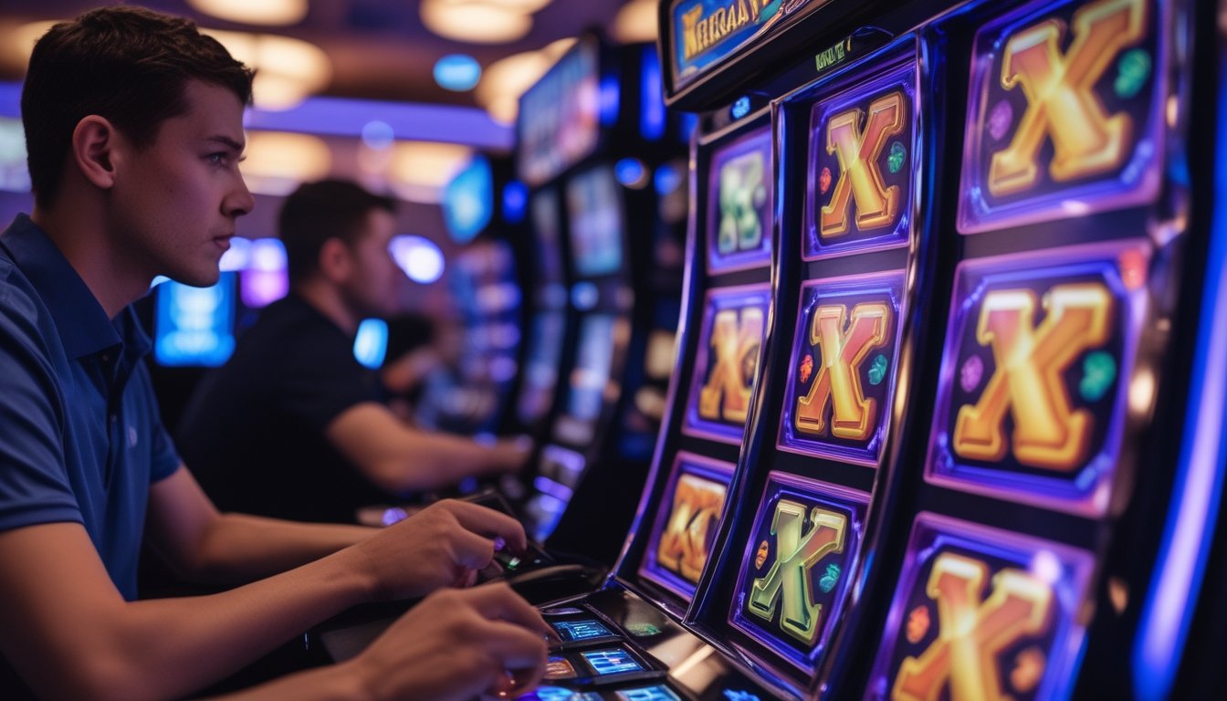Gambar mesin slot Megaways dengan simbol wild dan scatter yang terlihat jelas di layar, dengan latar belakang suasana kasino dan pemain yang fokus bermain.