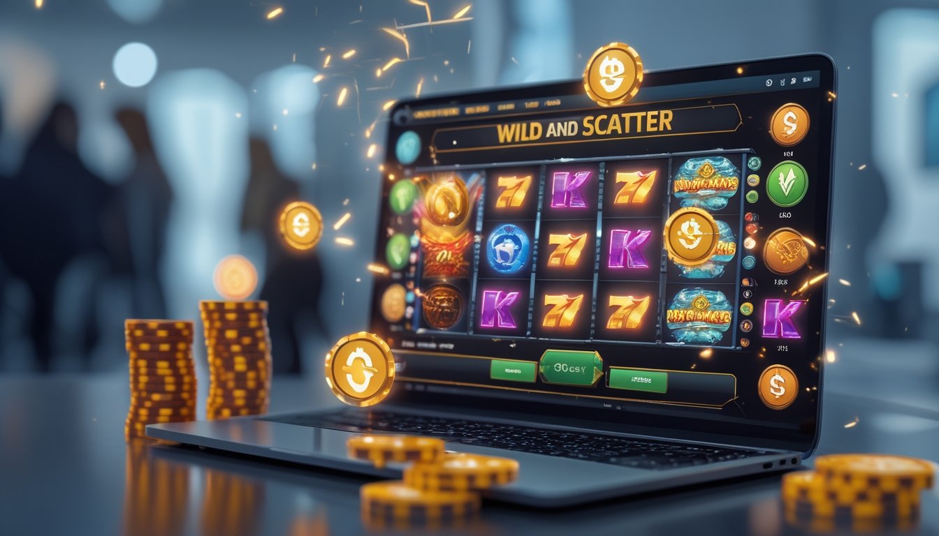 Seorang pengguna sedang bermain permainan slot online di laptop dengan ikon Wild dan Scatter yang terlihat jelas di layar, di meja terdapat smartphone dan chip taruhan.