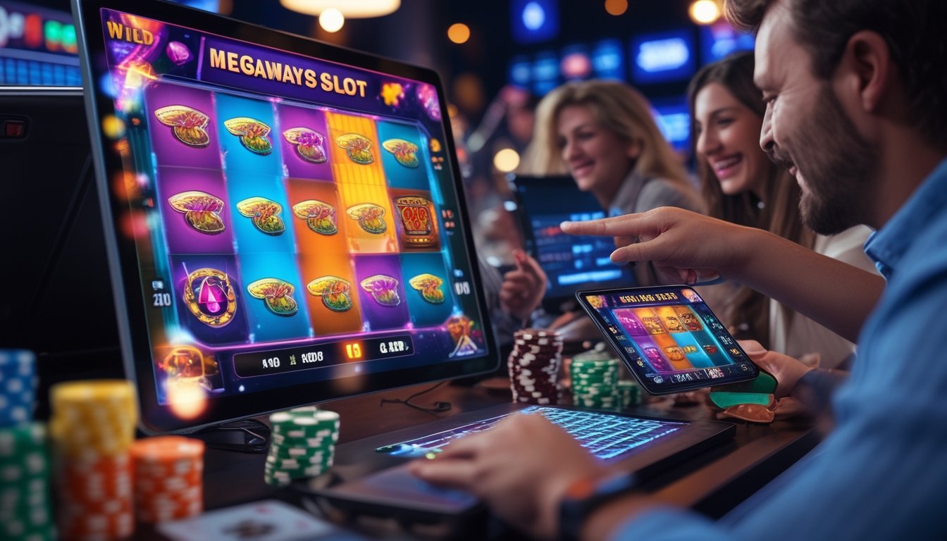 Orang-orang menggunakan perangkat digital untuk bermain slot Megaways dengan simbol wild dan scatter yang terlihat di layar.