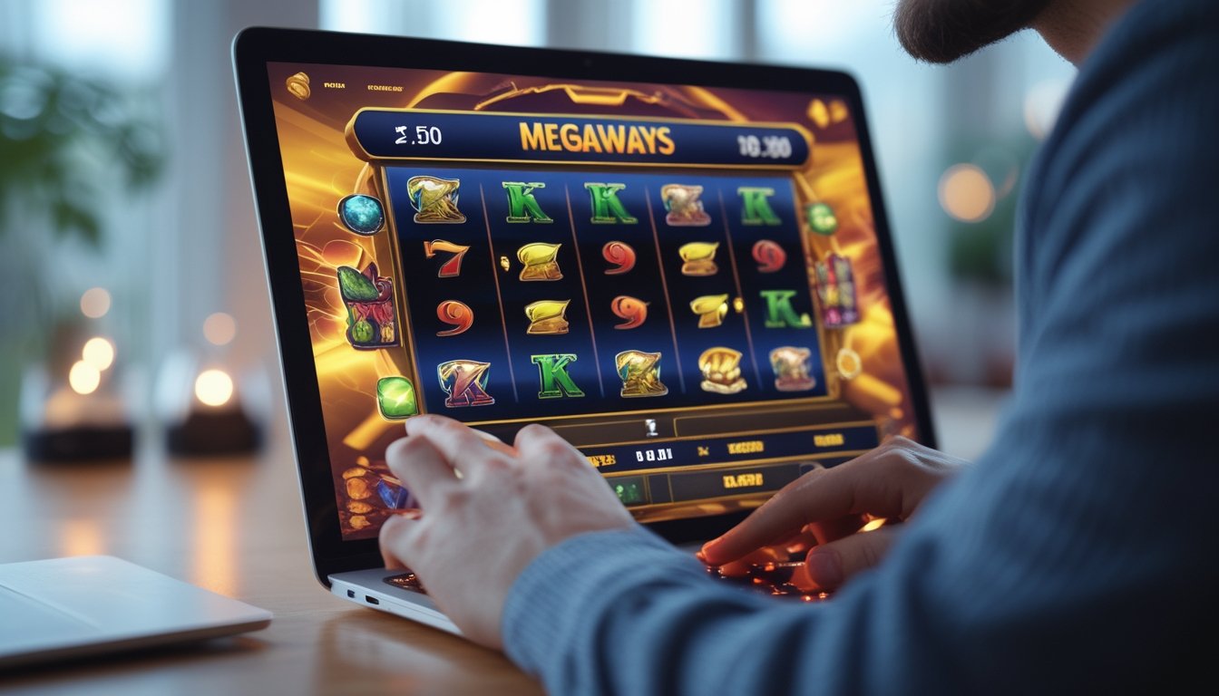 Seseorang bermain permainan slot Megaways di komputer dengan simbol liar dan tersebar terlihat di layar.