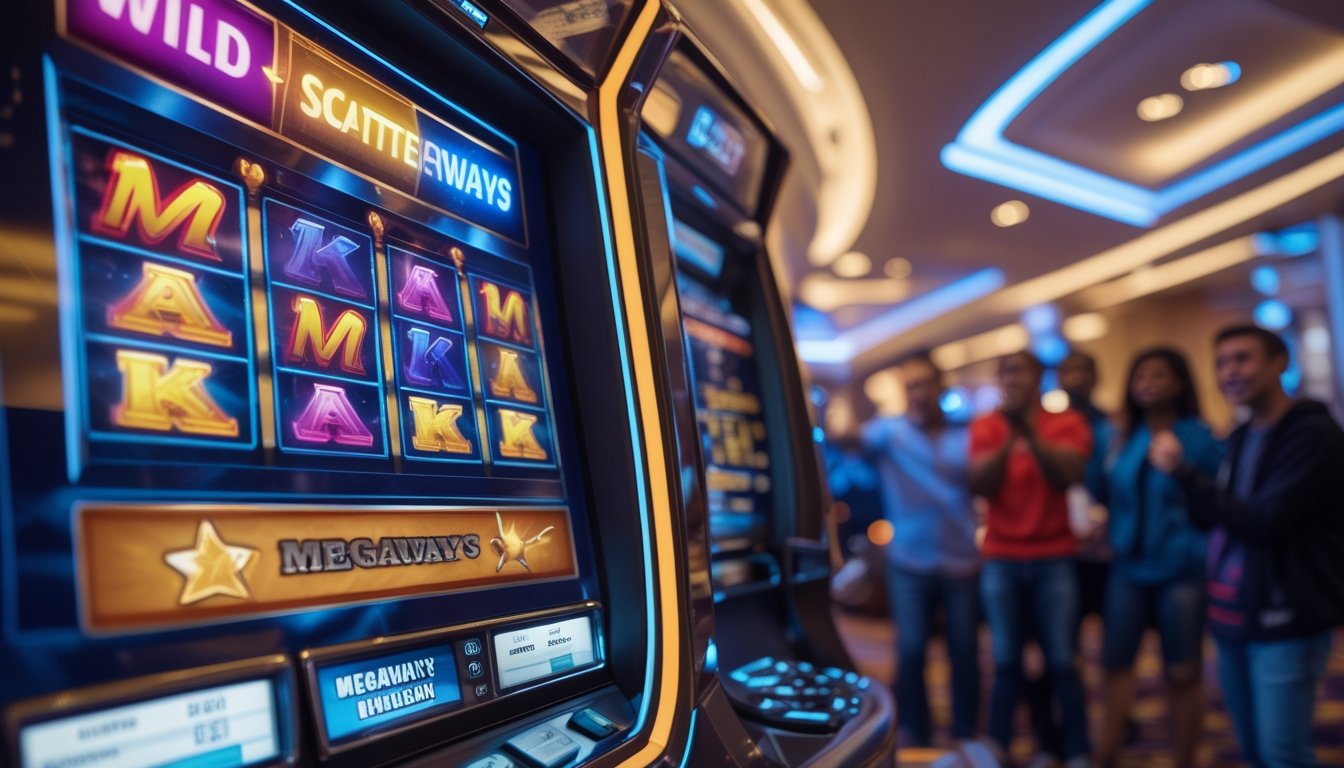 Suasana kasino modern dengan mesin slot Megaways yang menampilkan simbol wild dan scatter yang menyala, dikelilingi oleh orang-orang yang antusias.
