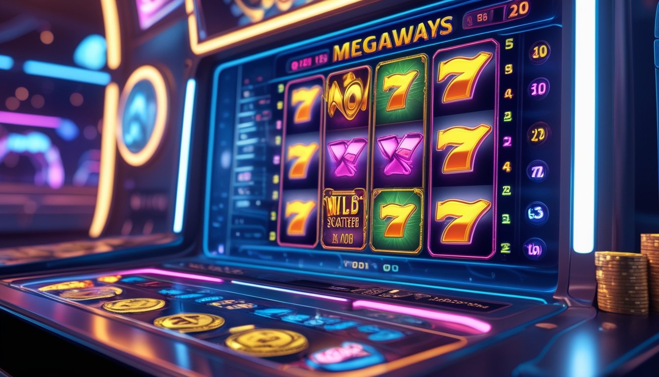 Tampilan mesin slot digital dengan simbol Wild dan Scatter yang berwarna-warni dan latar belakang kasino modern.