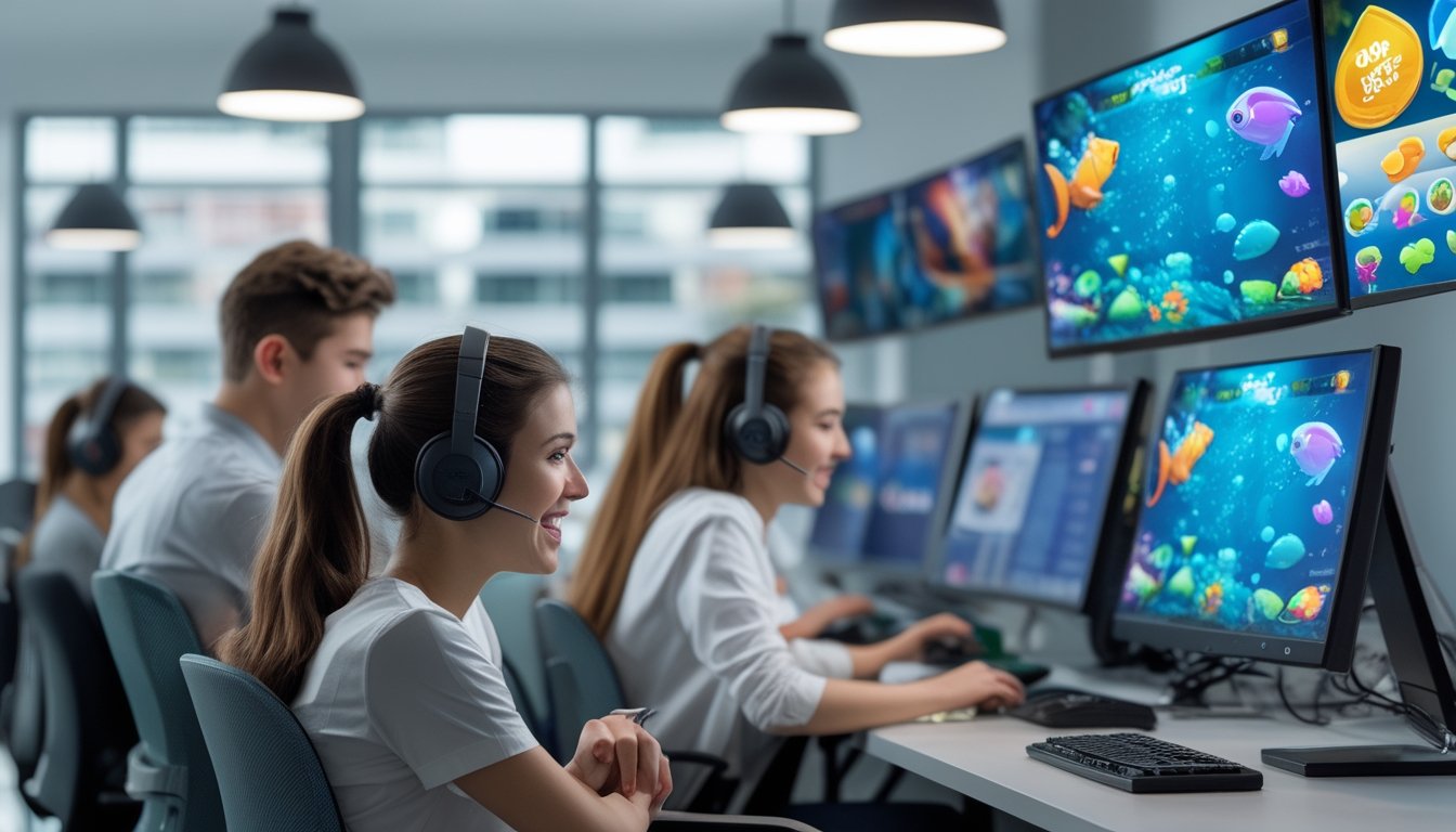 Sekelompok orang muda sedang bermain game tembak ikan di komputer dalam ruangan kantor modern yang terang dan nyaman.