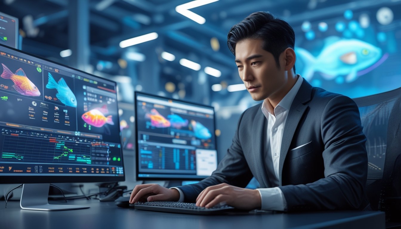 Seorang pria Asia duduk di meja kantor modern, fokus melihat layar komputer yang menampilkan grafik dan permainan tembak ikan digital.