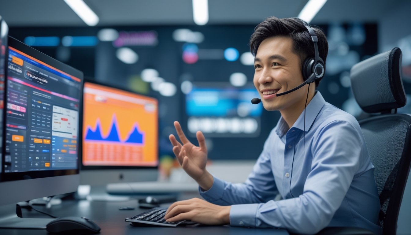 Seorang agen layanan pelanggan pria Asia duduk di meja kantor modern dengan beberapa layar komputer, tersenyum dan memberikan panduan.
