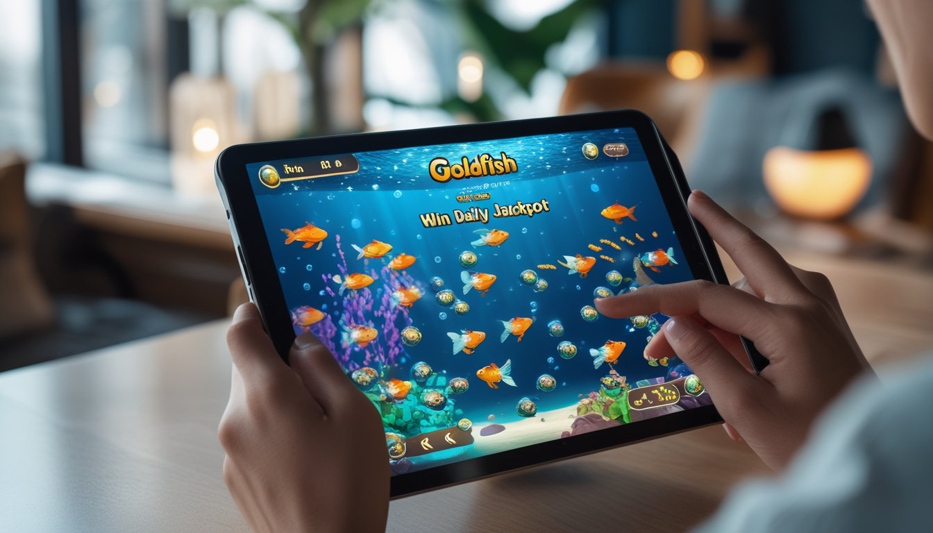 Seseorang bermain game tembak ikan Goldfish di tablet dengan latar belakang suasana bermain yang nyaman.