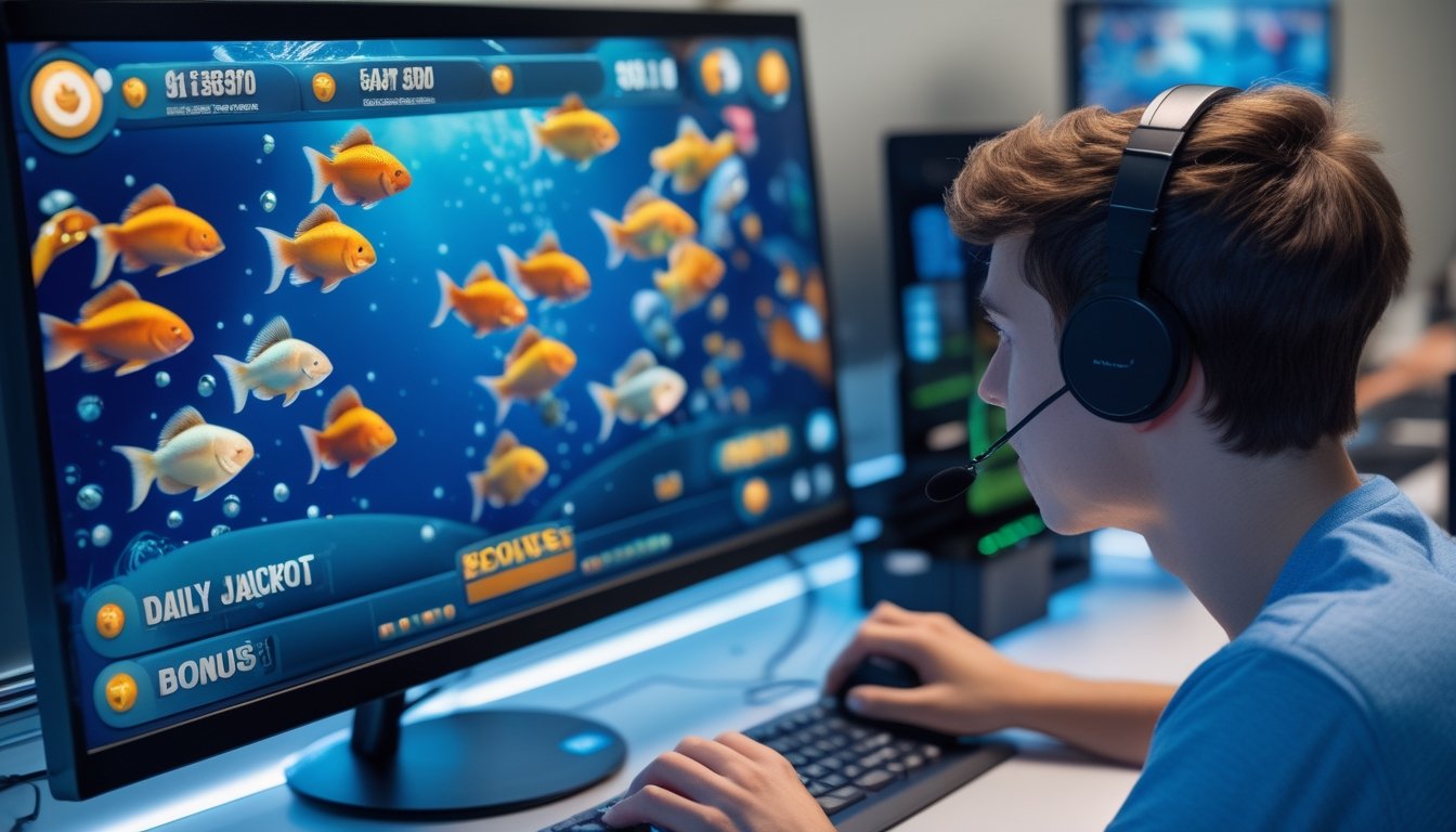 Seorang pemain muda sedang bermain game tembak ikan dengan layar menampilkan ikan mas berwarna-warni dan elemen permainan di latar belakang.