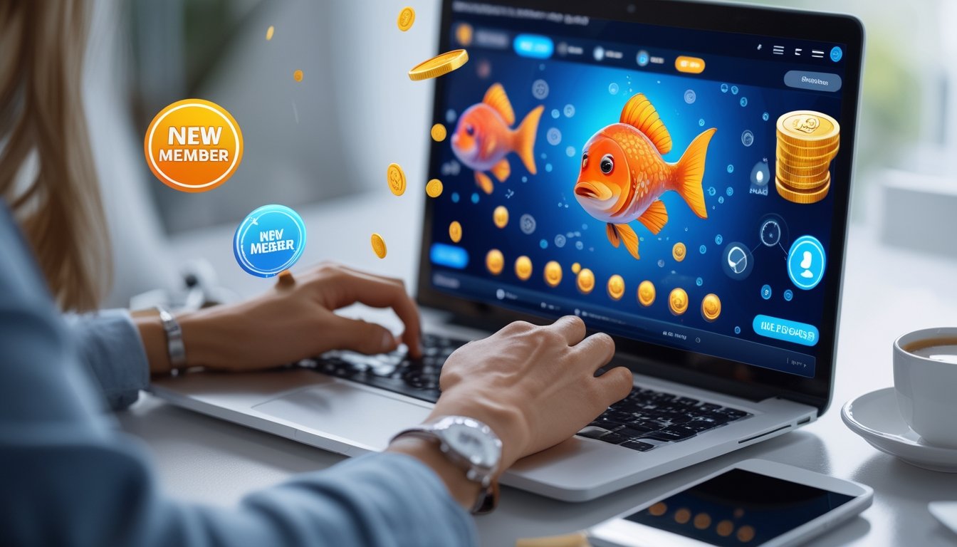 Seseorang menggunakan laptop dengan permainan tembak ikan online di layar, di meja terdapat koin digital dan elemen yang menunjukkan bonus anggota baru.