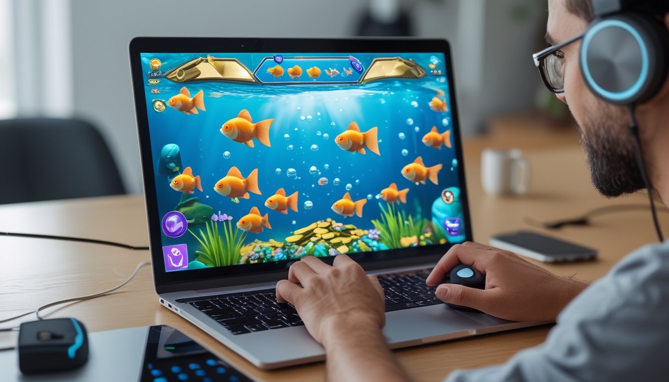 Seorang pemain sedang bermain game memancing ikan mas di komputer dengan latar ruang kerja yang rapi.