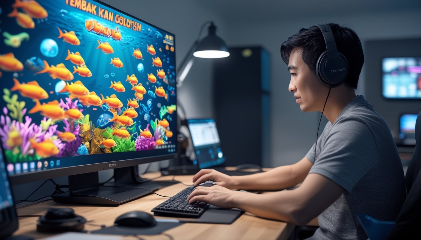 Seorang pemain fokus menggunakan komputer untuk bermain game tembak ikan dengan gambar ikan mas di layar dalam ruangan yang terang dan rapi.