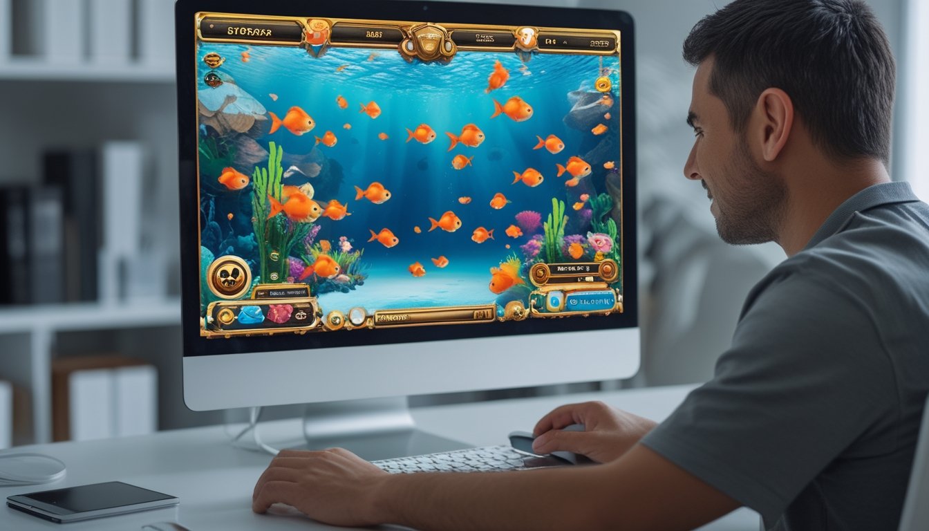 Seorang pemain dewasa sedang bermain permainan tembak ikan goldfish di layar komputer dalam ruangan yang terang dan rapi.