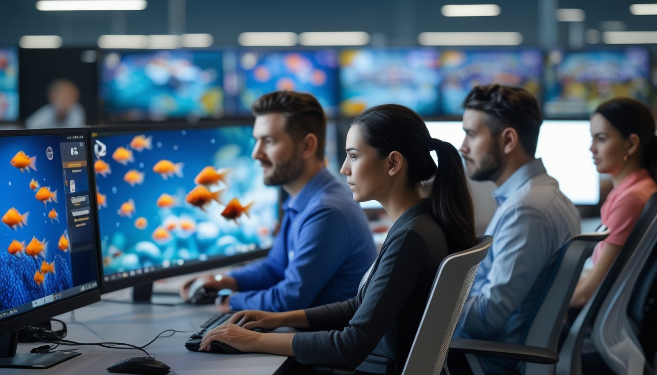 Orang-orang sedang bermain game tembak ikan di komputer dengan latar belakang ikan warna-warni di layar dalam ruangan yang rapi dan nyaman.