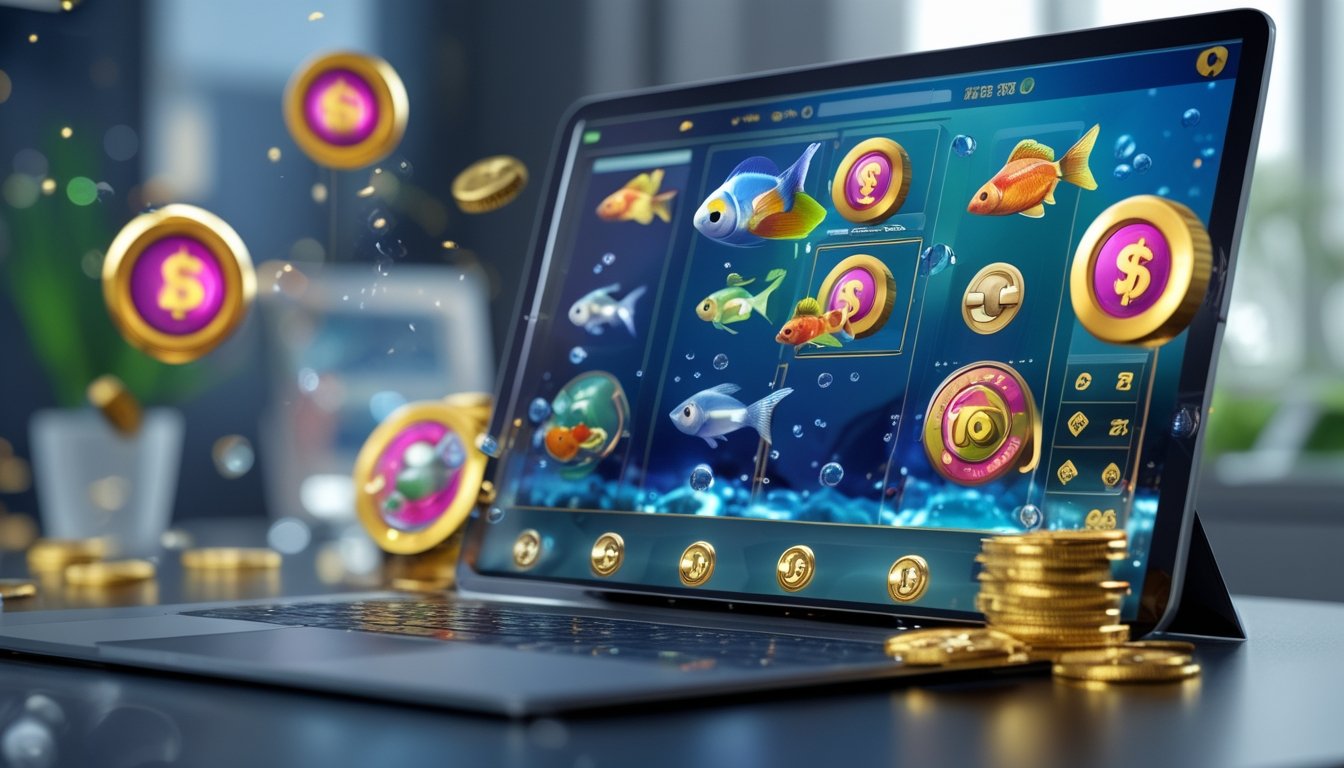 Layar perangkat digital menampilkan permainan tembak ikan dengan ikan berwarna-warni dan ikon bonus seperti koin dan roda putar.