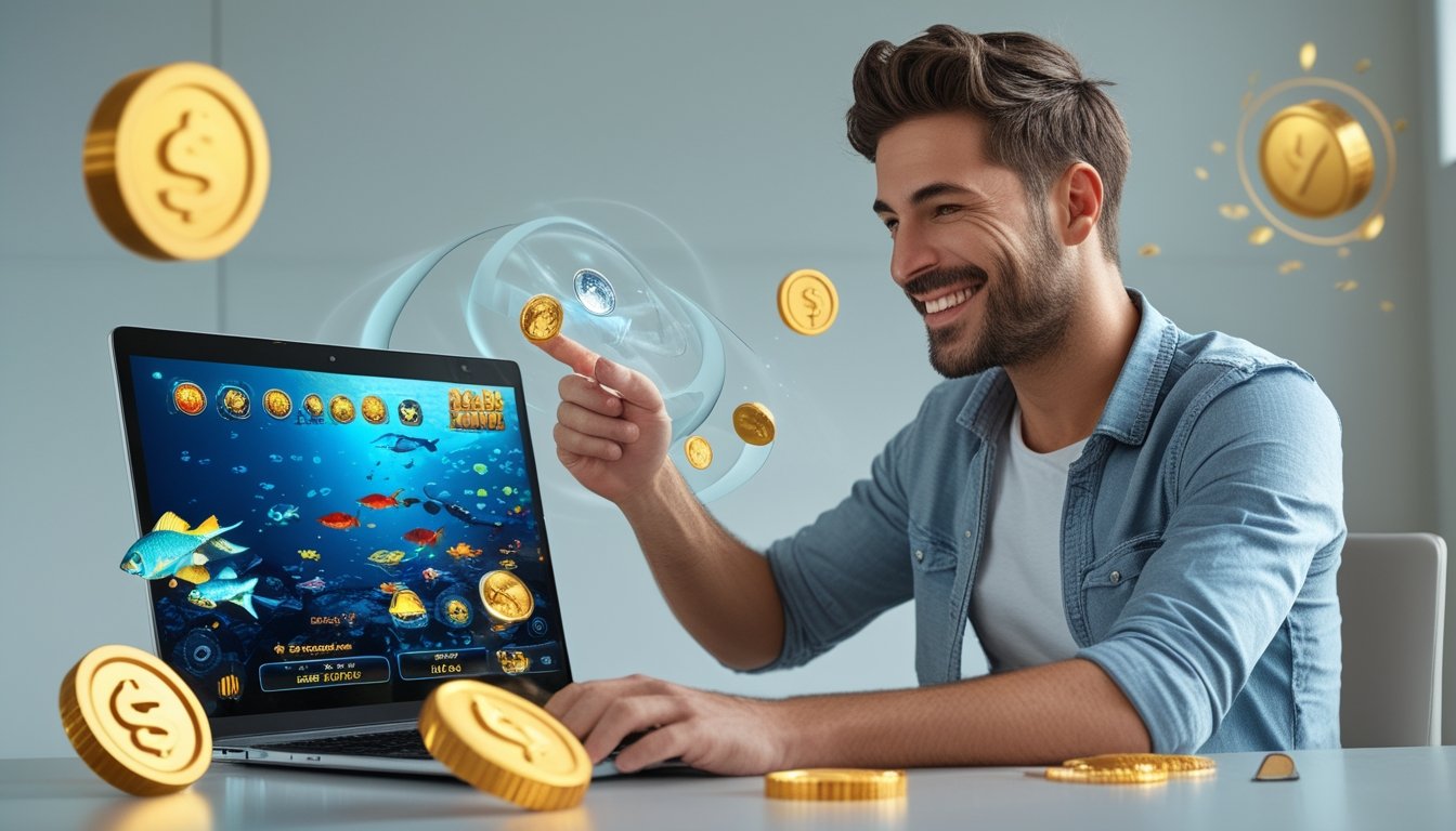 Seorang pria sedang bermain permainan tembak ikan online di laptop dengan latar belakang grafis bawah laut dan simbol hadiah yang mengelilinginya.
