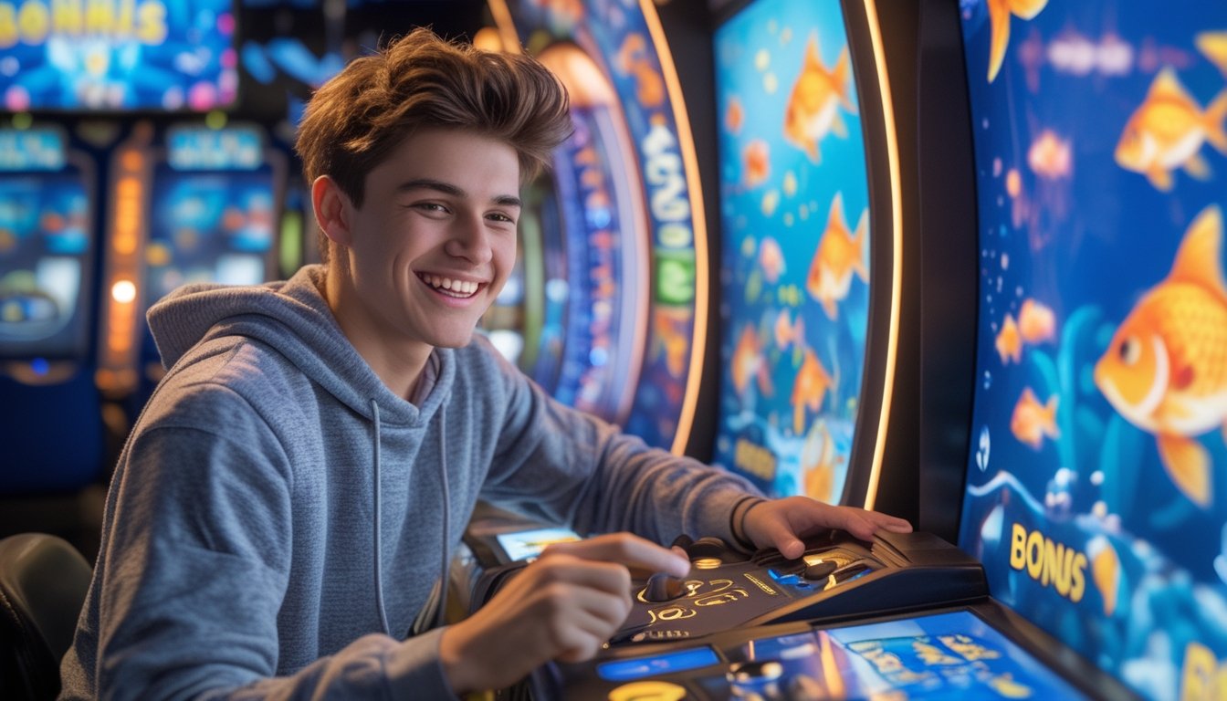 Seorang pemain muda sedang bermain mesin arcade bertema ikan mas dengan ekspresi fokus dan senang, dikelilingi oleh layar warna-warni yang menampilkan ikan mas dan bonus permainan.