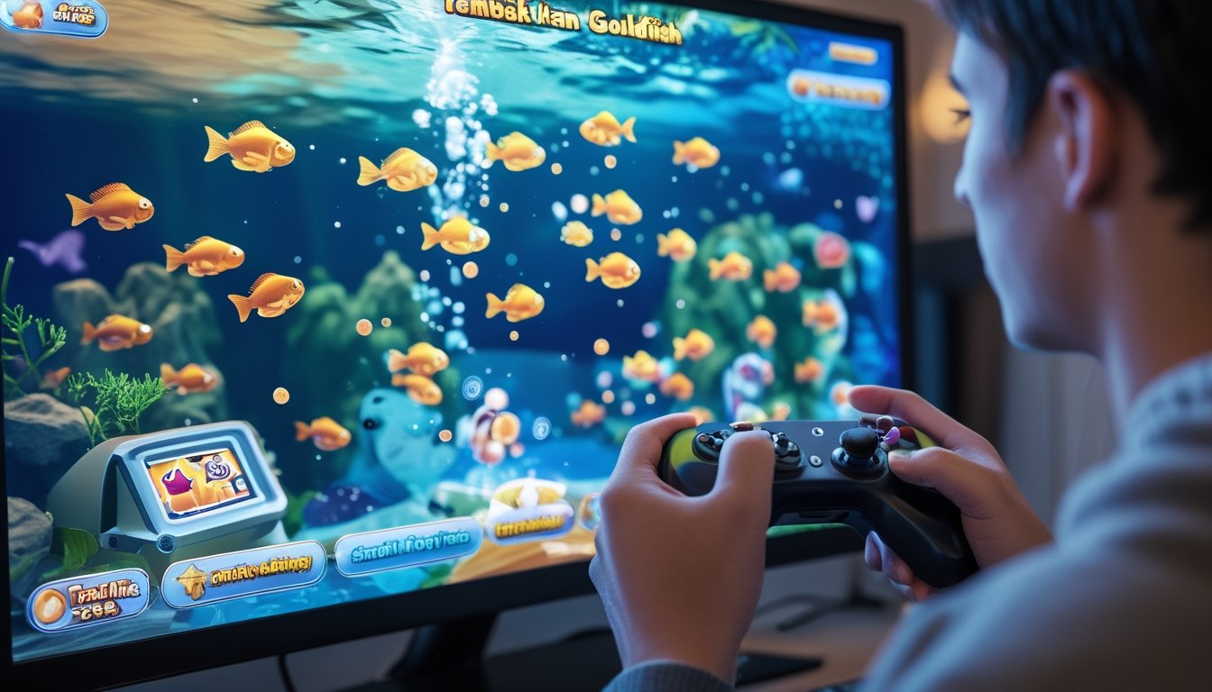 Seorang pemain muda sedang bermain permainan tembak ikan dengan gambar ikan mas dan makhluk laut di layar game.