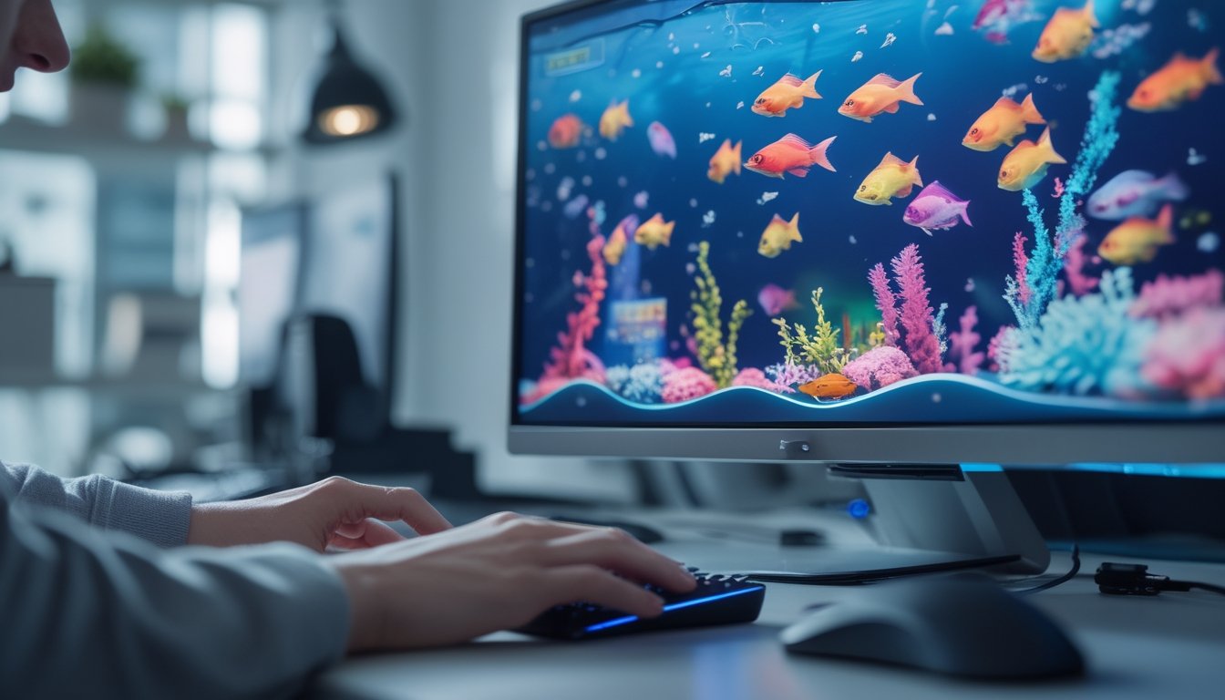 Seseorang sedang bermain game tembak ikan di komputer dengan latar ruang kerja yang nyaman.