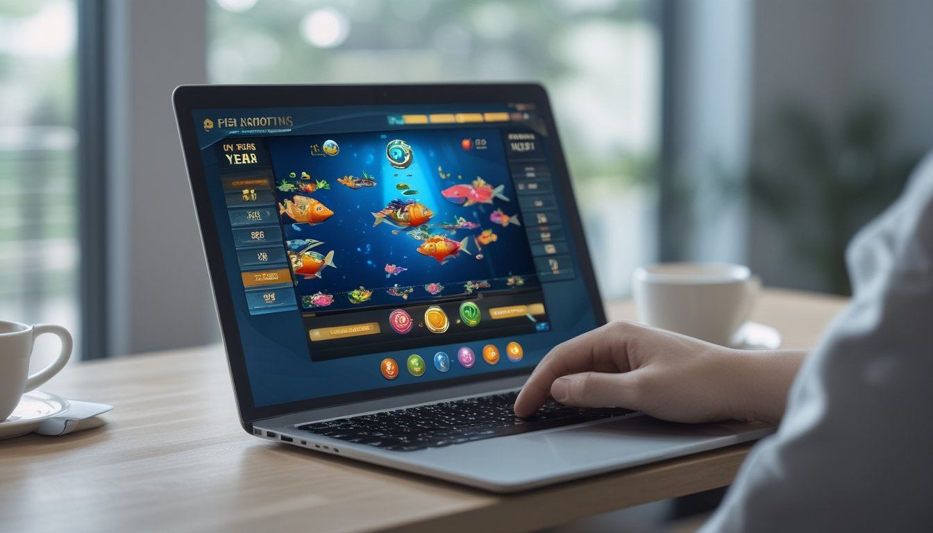 Seseorang menggunakan laptop dengan permainan tembak ikan berwarna-warni di layar di meja kerja yang rapi dan terang.