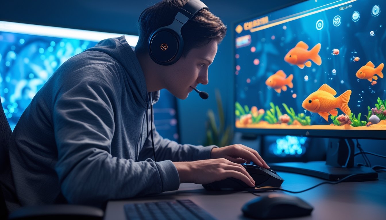 Seorang pemain serius sedang bermain game menembak ikan Goldfish di komputer dengan latar ruangan gaming berlampu biru.