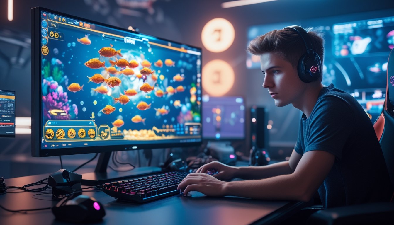 Seorang pemain profesional sedang fokus bermain game tembak ikan di depan layar komputer dengan grafis ikan berwarna-warni dan ikon bonus.