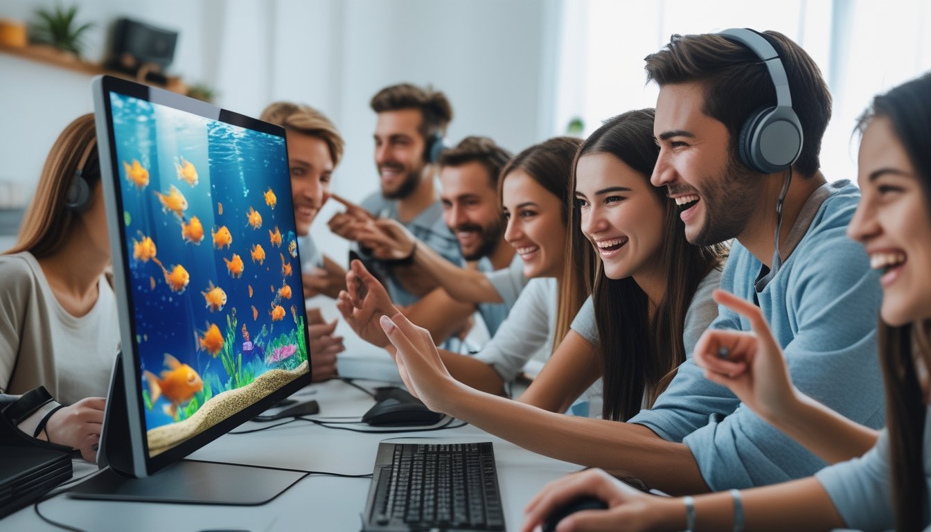 Beberapa orang muda sedang bermain game tembak ikan dengan tema ikan mas di layar komputer di ruangan yang terang.
