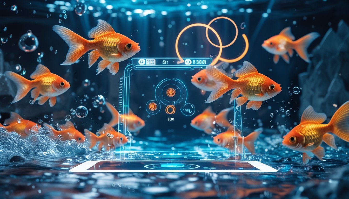 Pemandangan bawah air dengan ikan mas berwarna-warni berenang di antara gelembung dan cahaya yang menembus air, dengan antarmuka permainan digital transparan di depan.