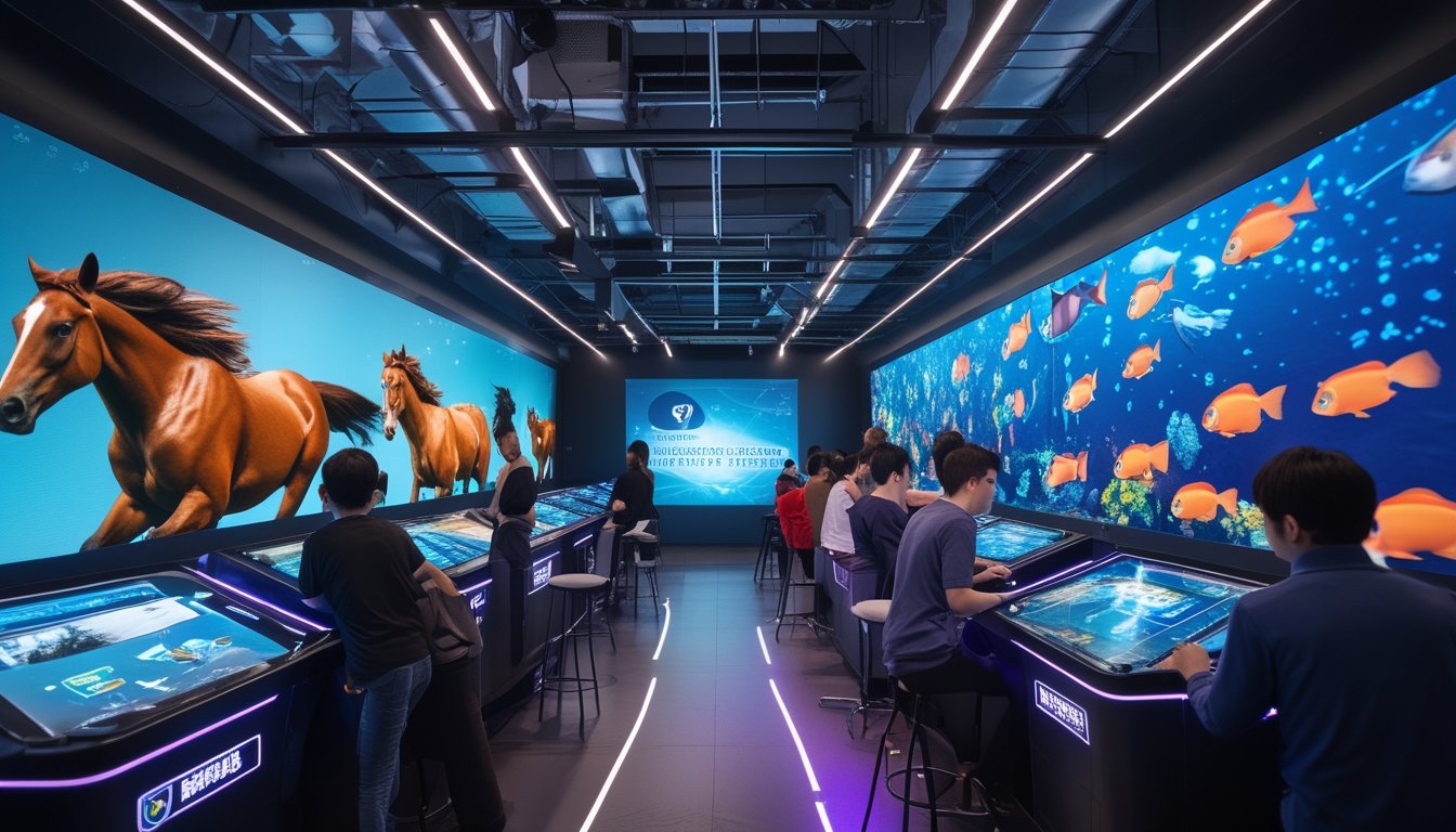 Suasana arena hiburan digital dengan orang-orang bermain permainan balap kuda dan tembak ikan menggunakan perangkat modern.