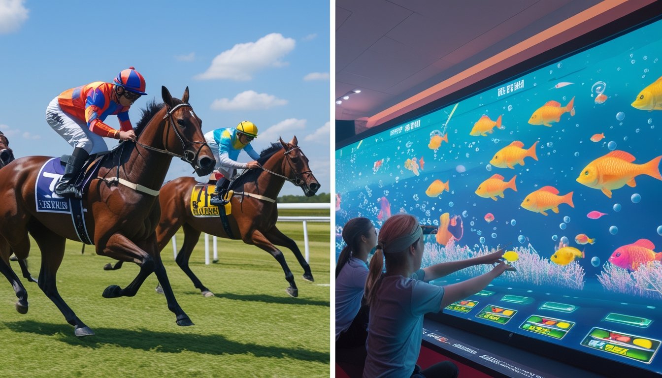 Perbandingan antara balap kuda tradisional di lintasan luar ruangan dan permainan tembak ikan di arena game modern dengan layar digital dan pemain yang sedang bermain.