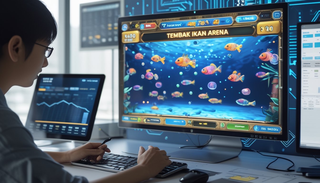 Seorang analis game sedang bekerja di depan komputer dengan layar menampilkan permainan ikan berwarna-warni dan grafik skor, dikelilingi oleh catatan dan perangkat digital di ruang kerja modern.
