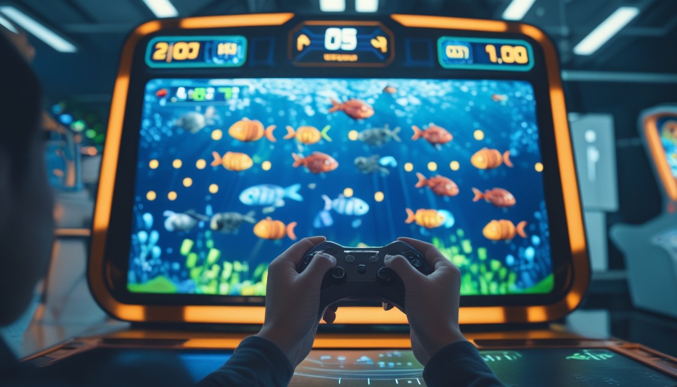 Tangan pemain memegang kontroler menghadap layar permainan digital dengan ikan-ikan berwarna-warni dan sistem skor yang terlihat di latar belakang.