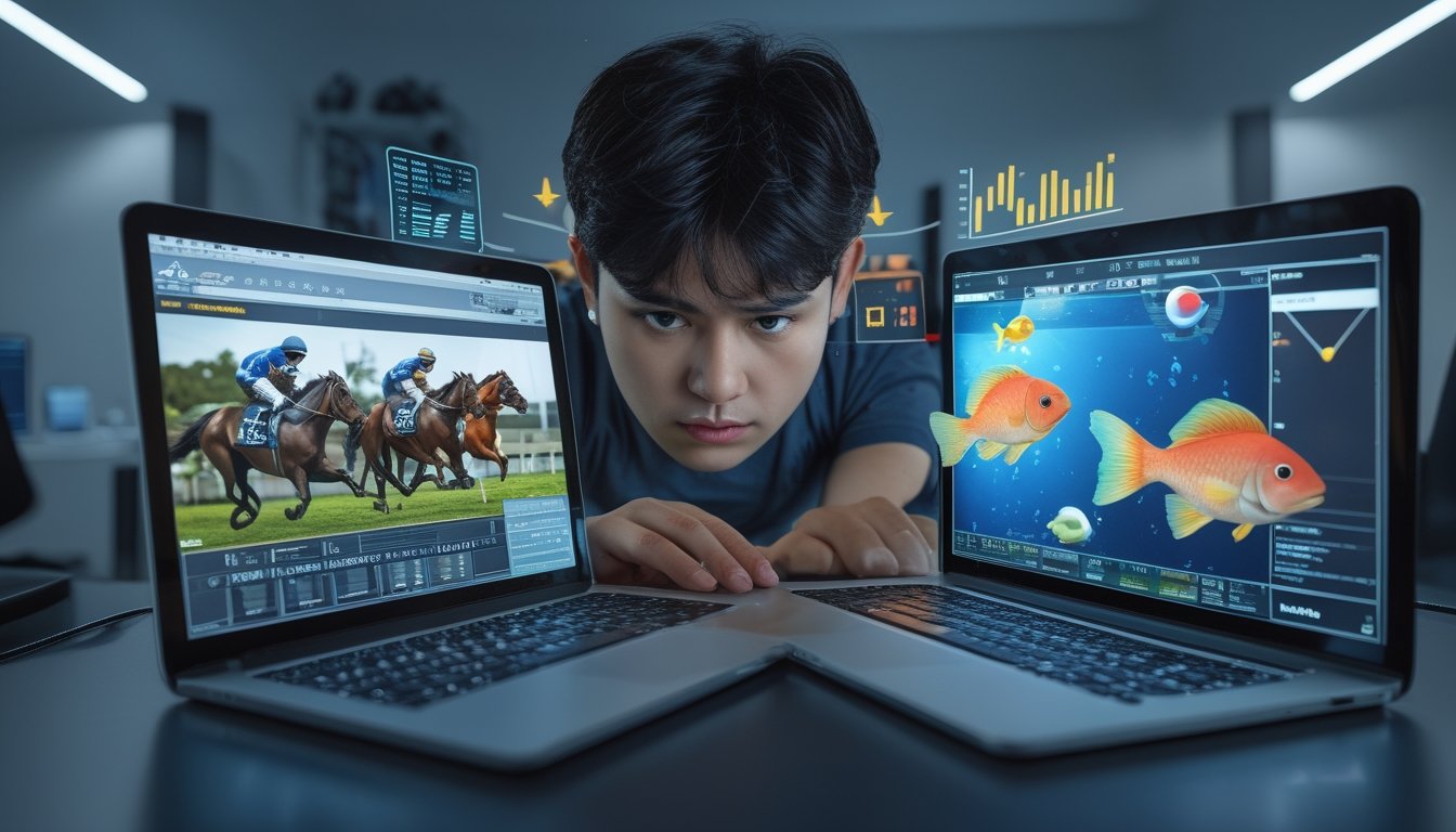 Seseorang bermain permainan balap kuda dan tembak ikan secara online di depan laptop dengan ekspresi serius dan latar ruang kerja modern.