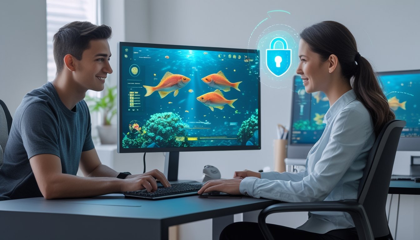 Dua orang dewasa sedang bermain permainan tembak ikan di komputer di sebuah ruang kantor modern.