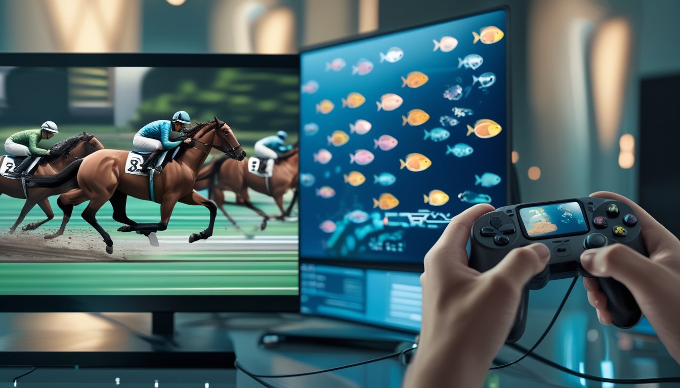 Sebuah adegan yang menampilkan permainan simulasi balap kuda dan game tembak ikan arcade dengan layar permainan yang hidup dan tangan pemain yang memegang pengendali permainan.