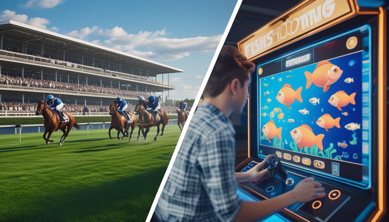 Adegan balapan kuda di lintasan dengan joki dan penonton, berdampingan dengan suasana arcade tembak ikan dengan pemain yang sedang bermain.