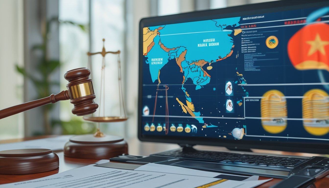 Suasana kantor pemerintah Indonesia dengan dokumen resmi, palu hakim, dan layar digital yang menampilkan peta Indonesia serta ikon balap kuda dan tembak ikan.