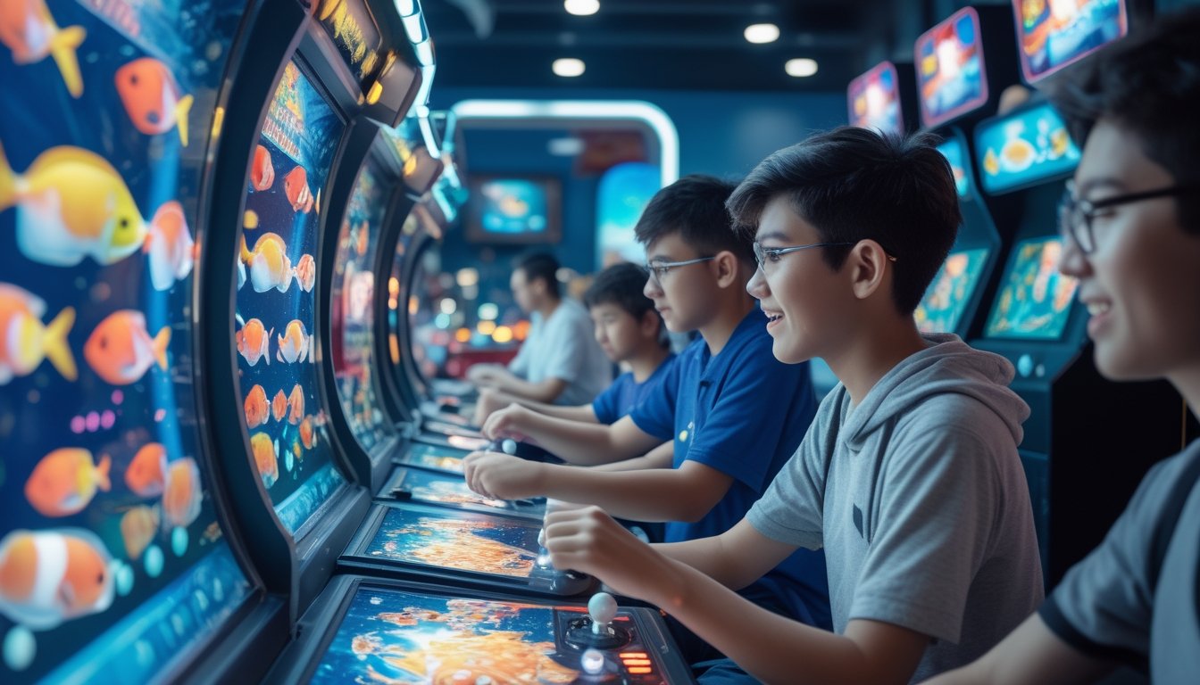 Beberapa pemain muda sedang bermain game tembak ikan di mesin arcade dengan layar penuh warna dan suasana arcade yang ramai.