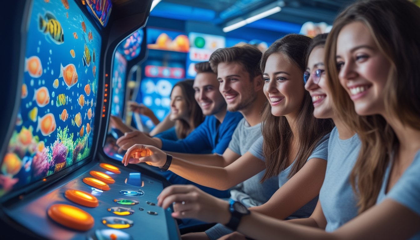 Sekelompok orang muda sedang bermain game tembak ikan di mesin arcade yang berwarna-warni dan terang.