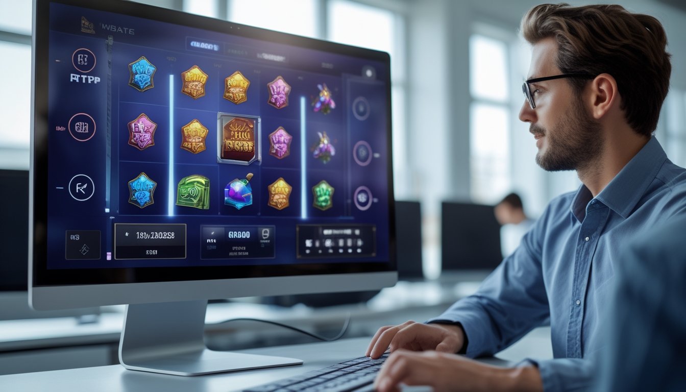 Seorang profesional menggunakan komputer dengan tampilan permainan slot online yang menampilkan pola cluster pay dan grafik kemenangan stabil.