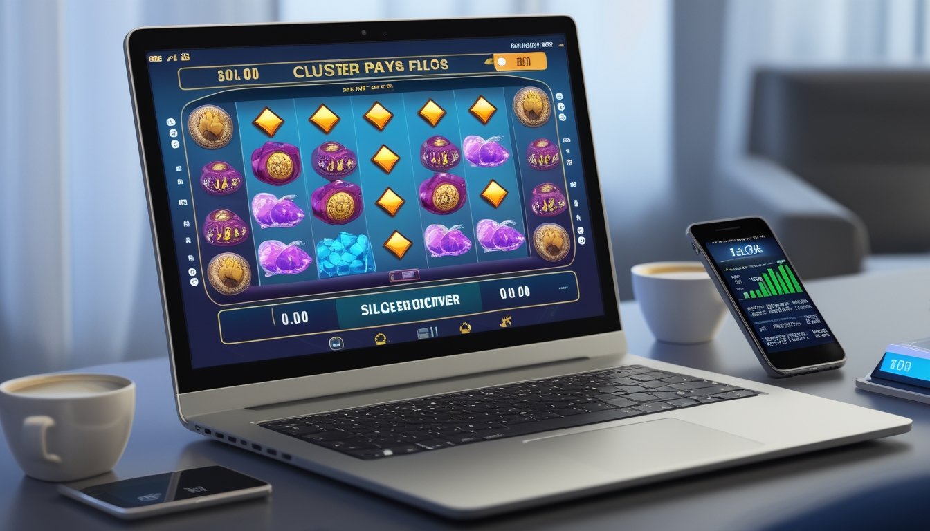 Seorang pengguna sedang bermain mesin slot Cluster Pays di layar komputer dengan tampilan grafis warna-warni dan suasana meja kerja yang rapi.