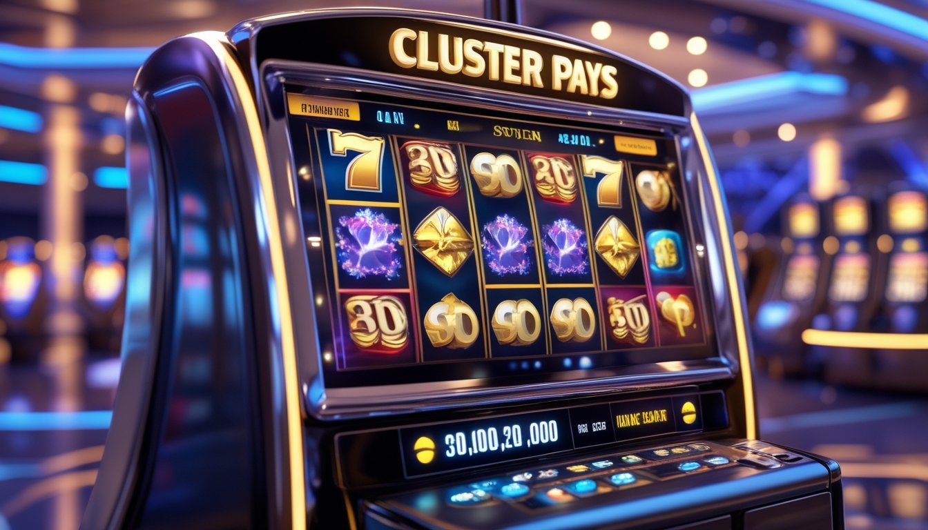 Mesin slot 3D berwarna-warni dengan simbol yang membentuk pola cluster pays di dalam kasino modern yang terang dan penuh lampu.