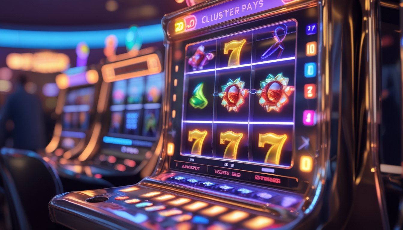 Mesin slot digital 3D dengan simbol warna-warni yang membentuk kombinasi kemenangan di lingkungan kasino yang modern.
