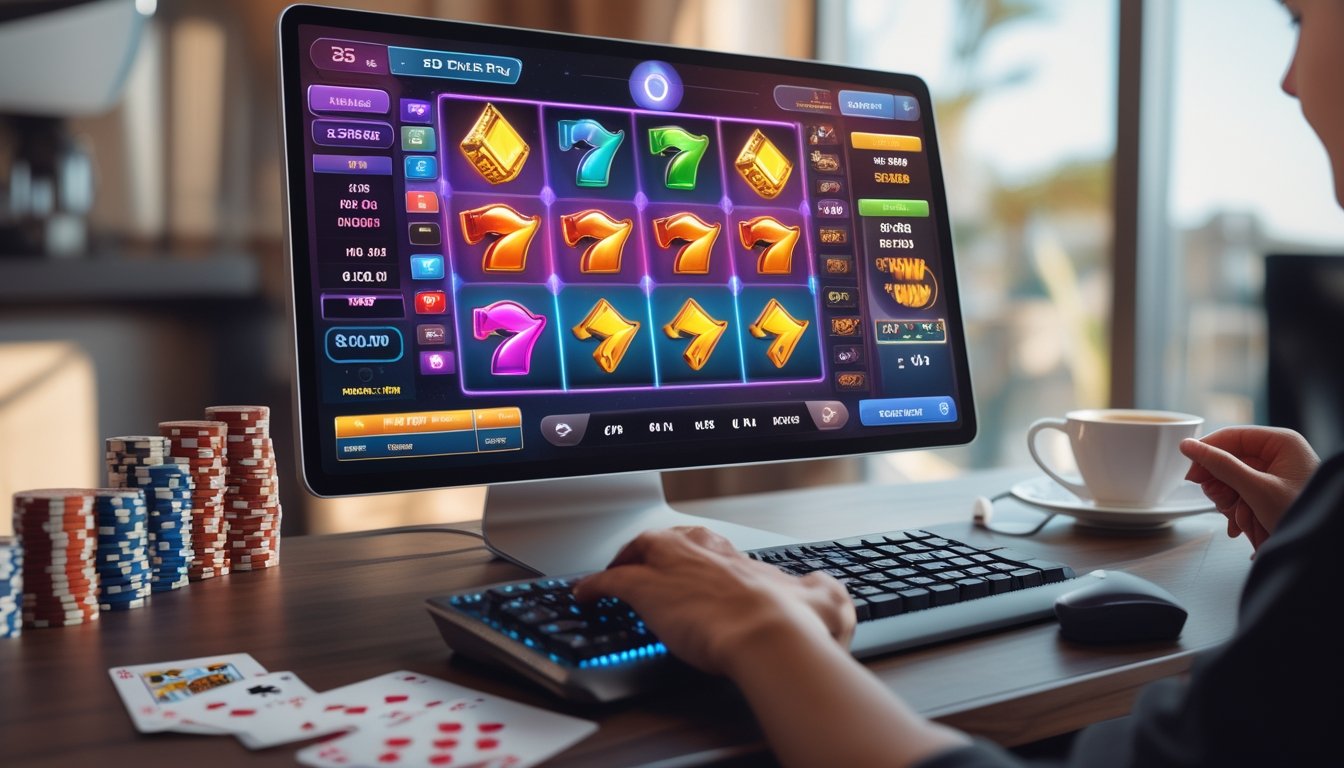 Meja kerja modern dengan komputer menampilkan permainan slot online 3D dan simbol cluster pays, tangan seseorang menggunakan mouse dan keyboard, dengan chip poker dan kartu bermain di latar belakang.