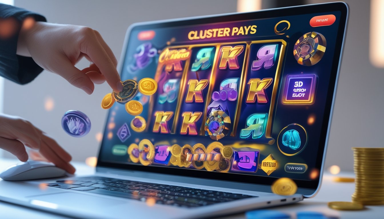 Seorang pengguna sedang bermain permainan slot online dengan tampilan grafik 3D dan simbol yang dikelompokkan di layar komputer.