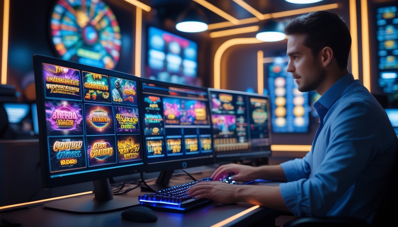 Seseorang sedang menggunakan komputer dengan beberapa layar yang menampilkan permainan slot 3D berwarna-warni di sebuah ruangan modern dan terang.