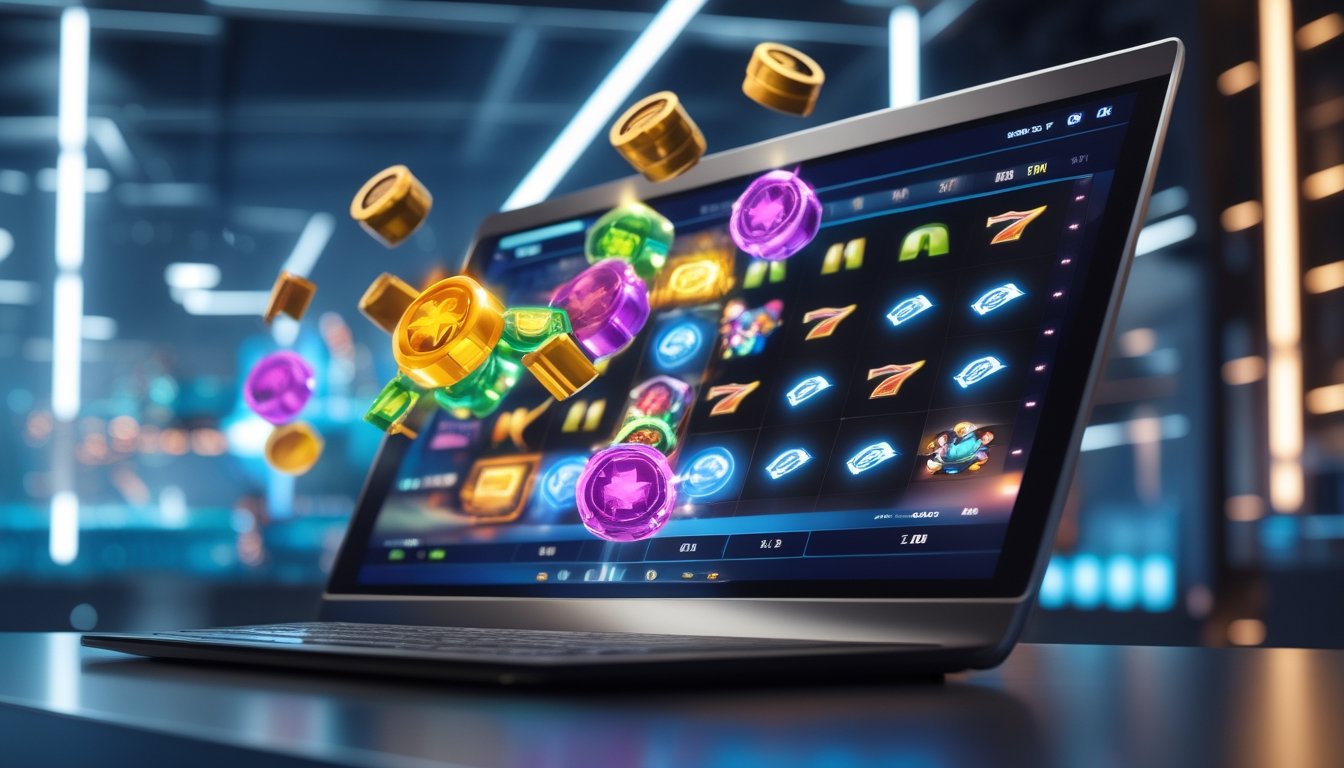 Layar komputer menampilkan permainan slot online dengan grafik 3D dan simbol yang membentuk kombinasi kemenangan dalam sistem Cluster Pays.