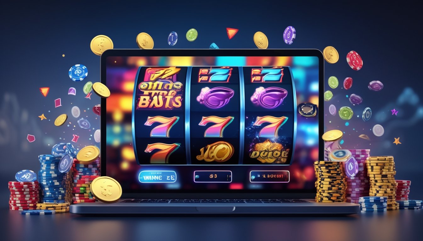 Seorang pemain menggunakan laptop dengan tampilan permainan slot 3D berwarna-warni dan simbol koin serta chip taruhan di sekitarnya.
