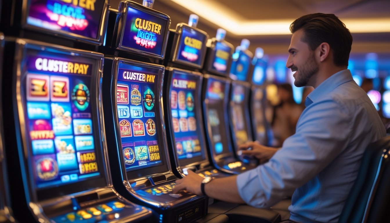 Seorang pemain sedang bermain mesin slot modern dengan tampilan grafis 3D dan simbol cluster pays di dalam kasino yang terang dan canggih.