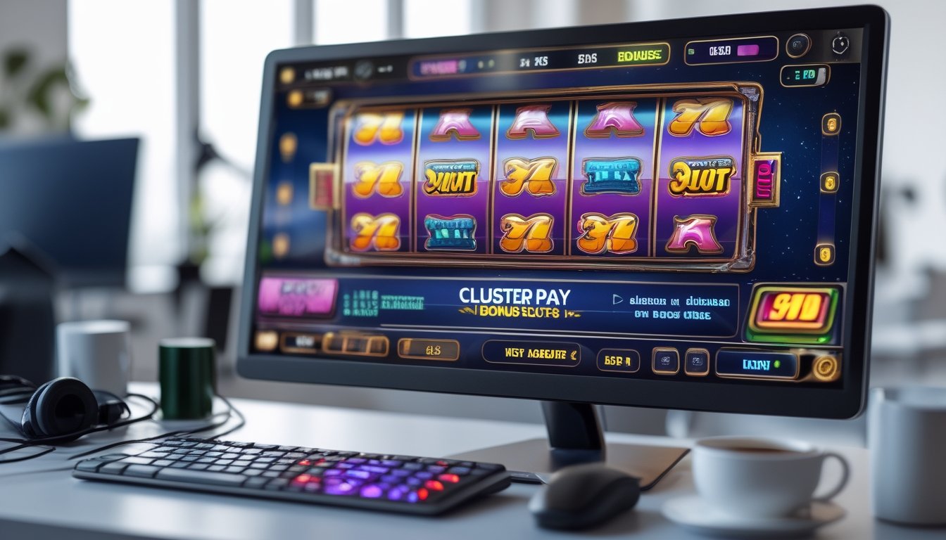 Sebuah layar komputer menampilkan permainan slot online dengan grafis berwarna-warni dan fitur bonus 3D, di meja kerja yang rapi dengan aksesori gaming di sekitarnya.