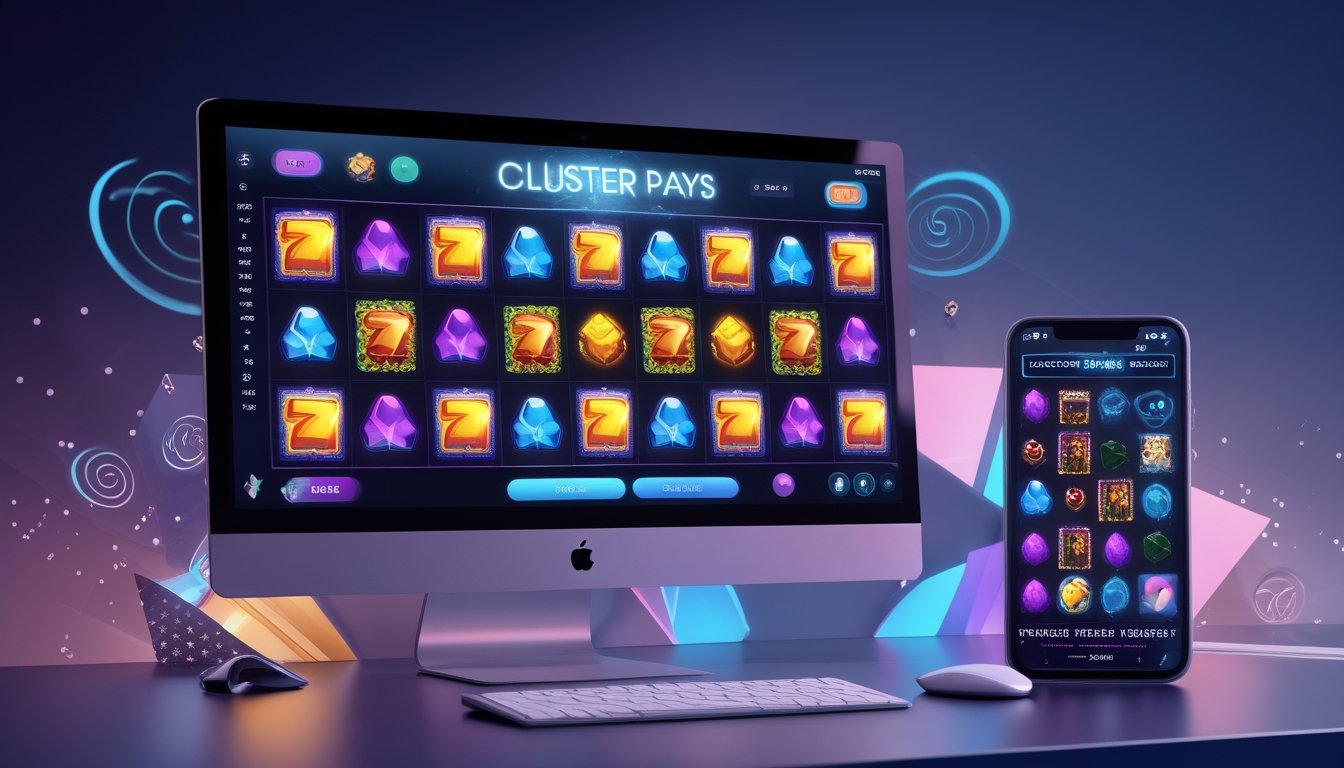 Sebuah monitor komputer dan ponsel menampilkan permainan slot online dengan simbol-simbol berwarna-warni yang tersusun dalam kelompok, di latar belakang suasana kasino digital dengan pencahayaan biru dan ungu.