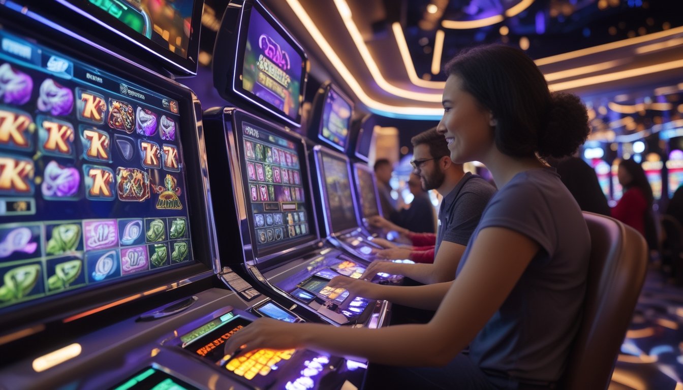 Orang-orang sedang bermain mesin slot 3D modern di dalam kasino dengan pencahayaan futuristik dan desain interior yang canggih.